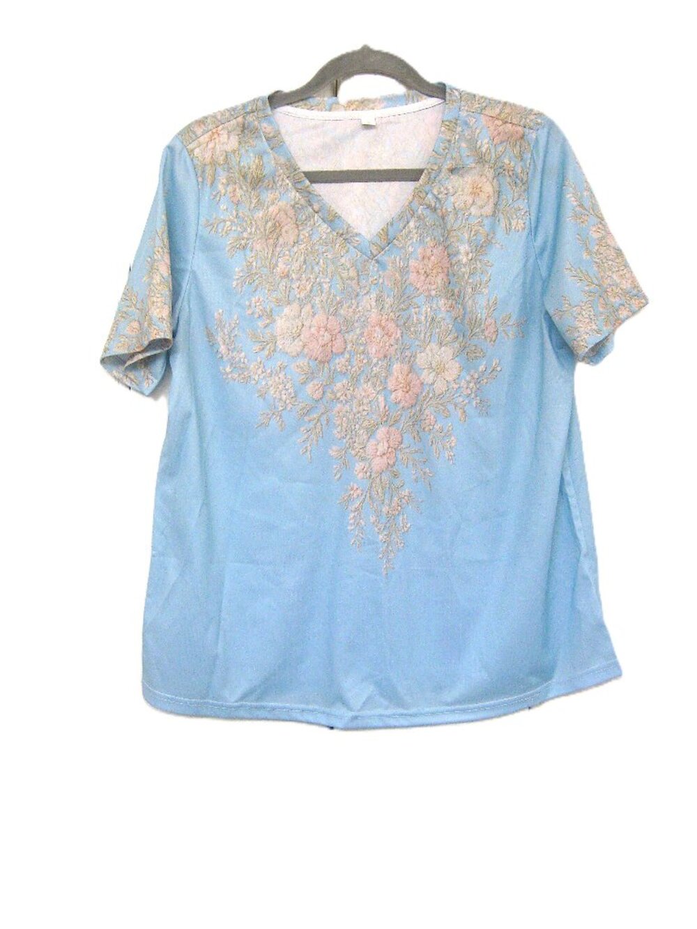 V-Neck Shirt Top  Blue w/Floral faux Embroidry  Size L